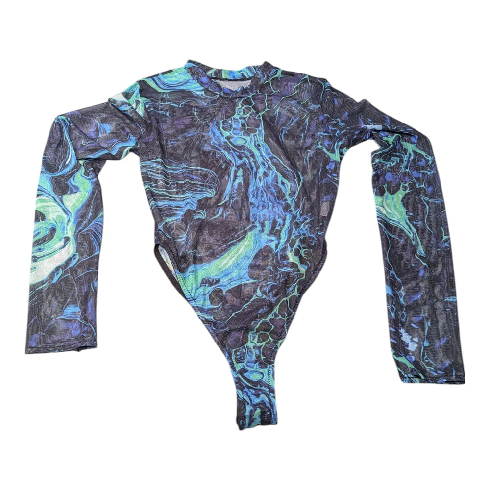 Womens-Mesh Long Sleeve Bodysuit - Festival Sheer Leotards Geo Print NWOT Size L
